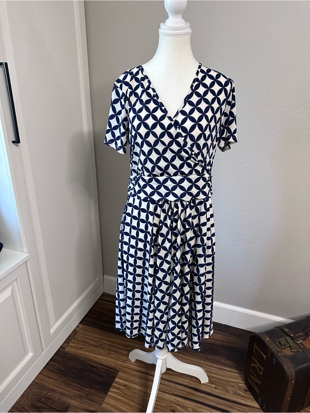 Love By Design Navy and White Geometric Faux-Wrap Dress